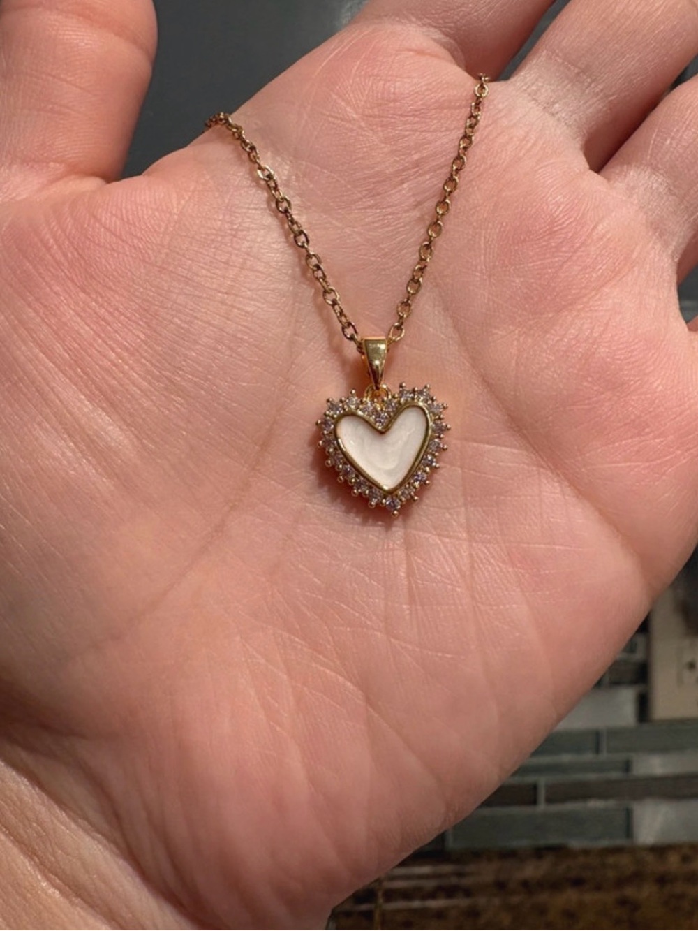 Gold Heart Pendant Necklace with White Mother-of-Pearl and Crystal Halo